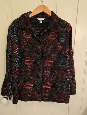 CJ Banks Black Textured Button-Front Top with Red and Blue Accents